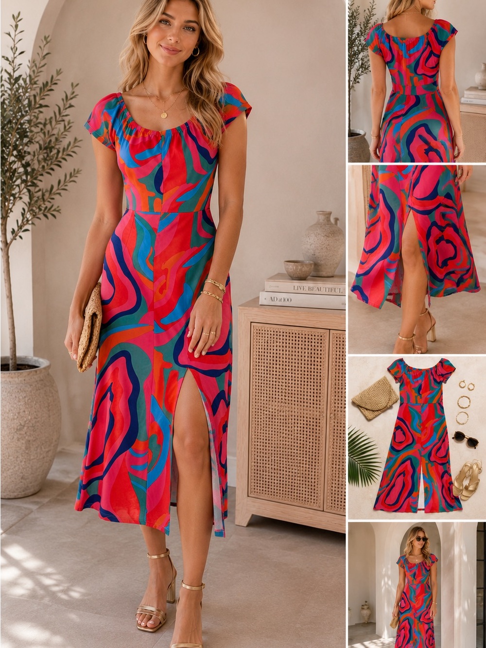 Amazon Multicolor Abstract-Print Midi Dress in Red, Pink, Blue & Green